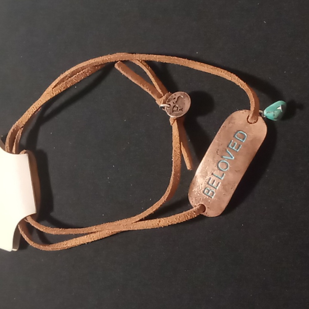 Frosting and fringe leather & copper stamped beloved necklace slide adjustment